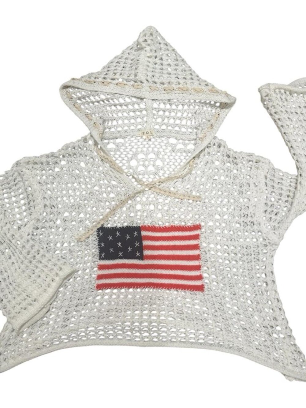 POL Women’s American Flag Open Knit Crochet Oversized Relaxed Hooded Sweater L
